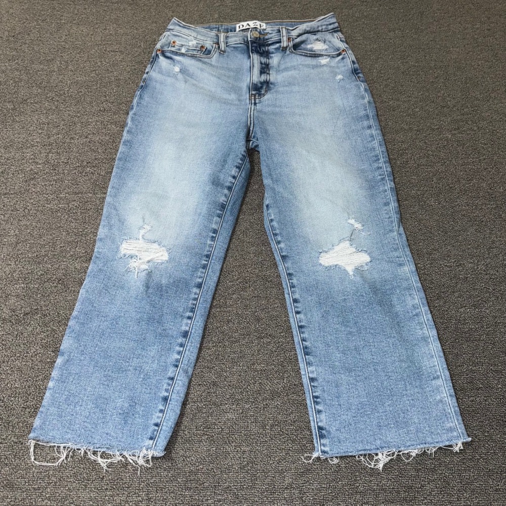 Daze Denim Hug High Rise Straight Leg Distressed Jeans 28P Light Wash Blue